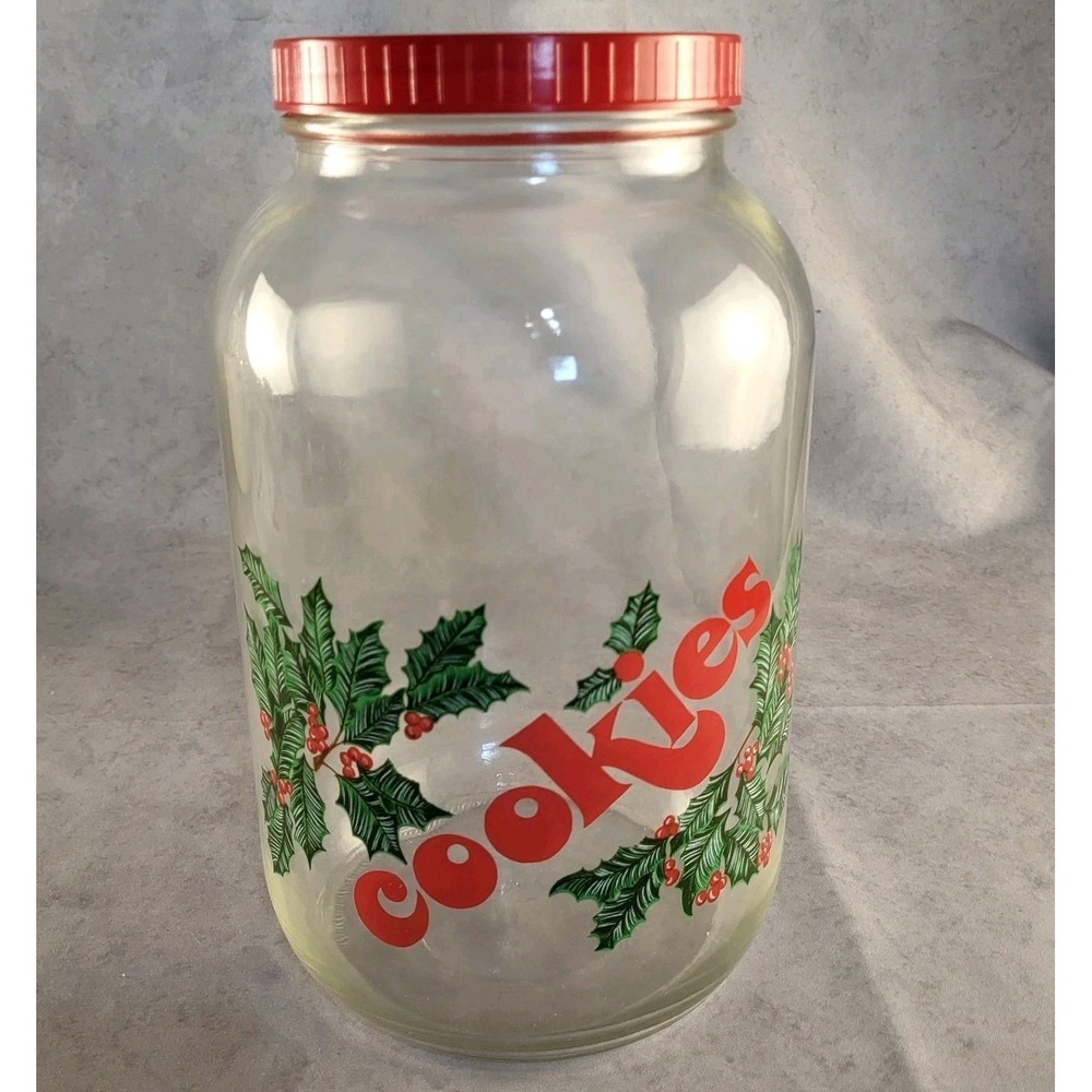 Vtg 10" Christmas Holly Clear Glass Cookie Jar Red Lid Clear Canister 1 Gallon